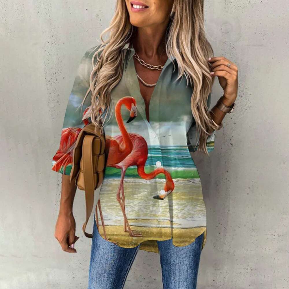 Summer Women's Hawaiian Shirts Hawaii Beach Print Fashion Resort Clothes Polo Collar Long Sleeve Blouse Tops Spring Plus Sizes