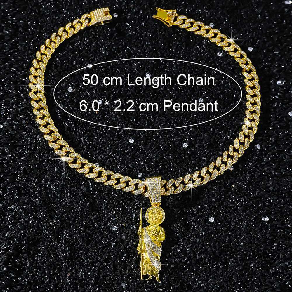 Hip Hop Men Bling d Out Crystal Miami Cuban Link Necklace For Women San Judas 13mm Cuban Chain Religious Jewelry Pendant GiftXJ250219