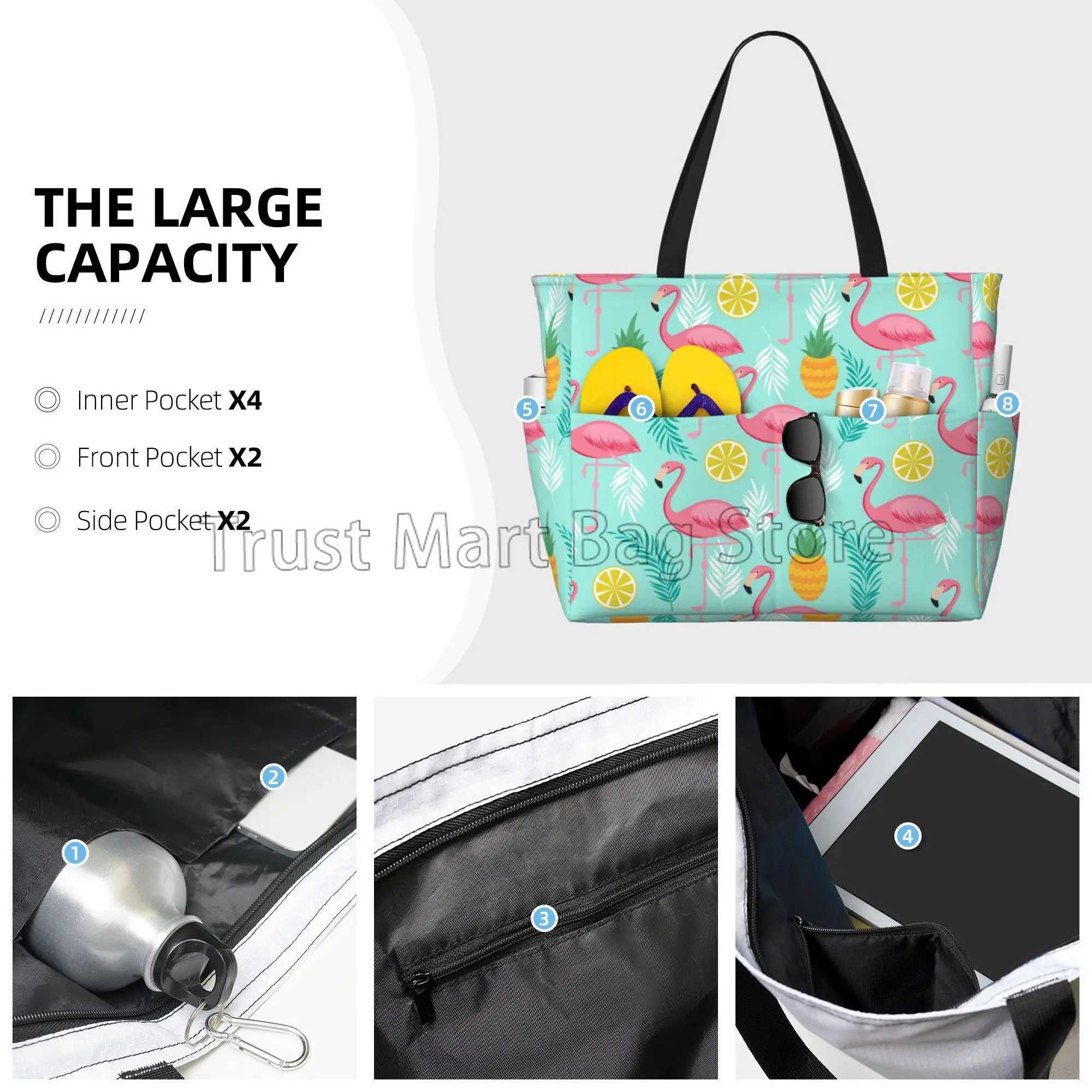 Pink Flamingo Print Large Beach Tote Bag Women Portable Travel Bag Waterproof Sandproof Pool Bag for Swim Gym Grocery Vacation Z250219