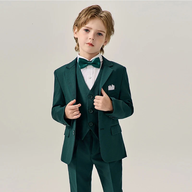 Child Green Formal Slim Fit Suit Set Boys Wedding Birthday Performance Pography Costume Kids Blazer Vest Pants Bowtie Outfit 250219
