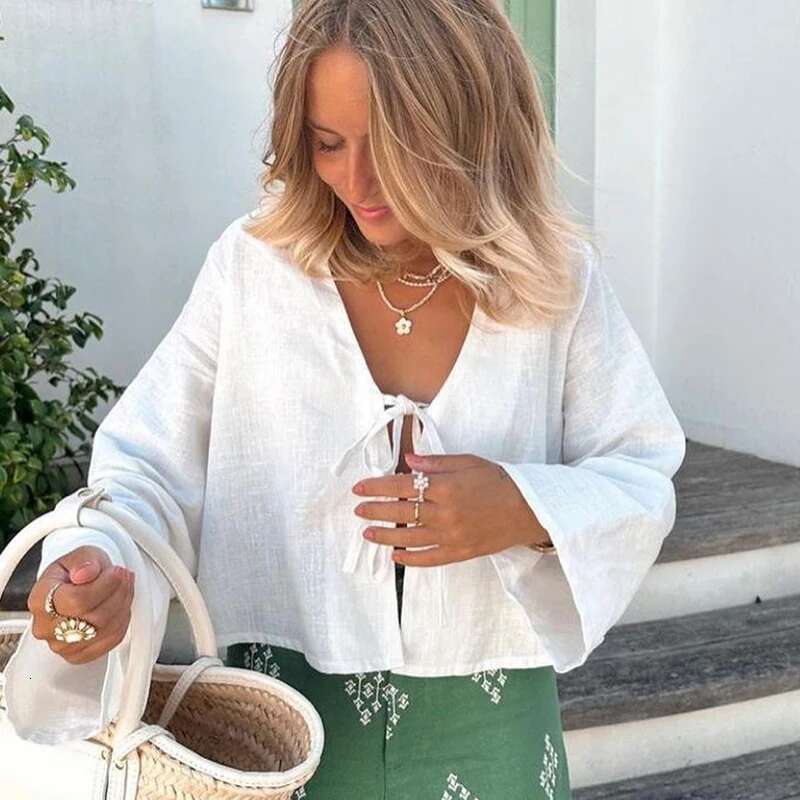 Lace Up Bow Cotton En Shirt Women Loose Solid V Neck Flare Sleeve Blouse Spring Summer Female Casual Simple Tops