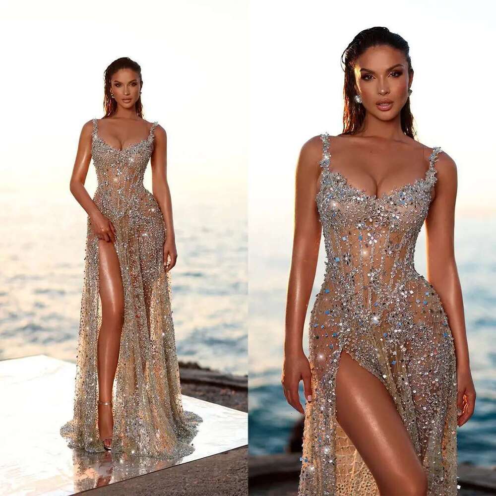 Sexy Slim Fit 3D-Lace Prom Dress Women Shine ILLUSION Beads Evening Dresses Party Grown Side Split Vestidos De Novia Customized