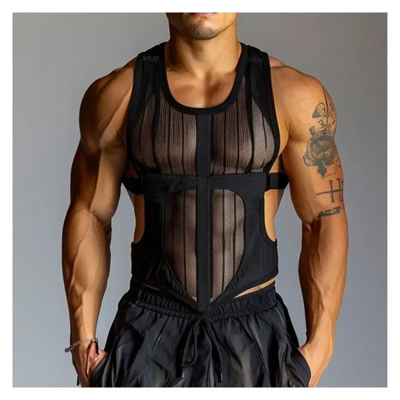 Mens Sheer Mesh Fitness Sleeveless Vest Outdoor Sports Black Cutout Vest Top Mens Summer Mesh Vest Mens Clothing Men Tank Top 250219