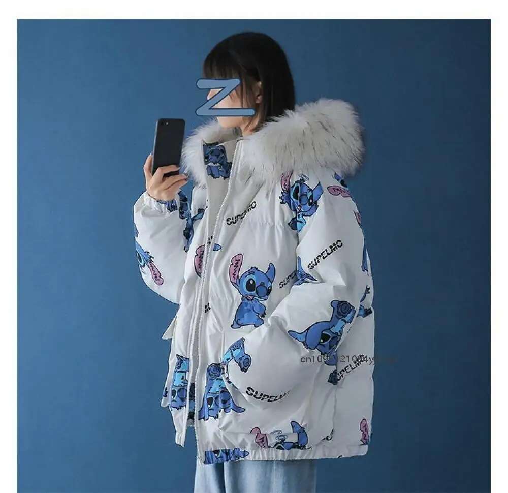 Cute Print Down Jacket Winter New Korean Version Loose Cotton Trend Casual Warm Versatile Zipper Coat
