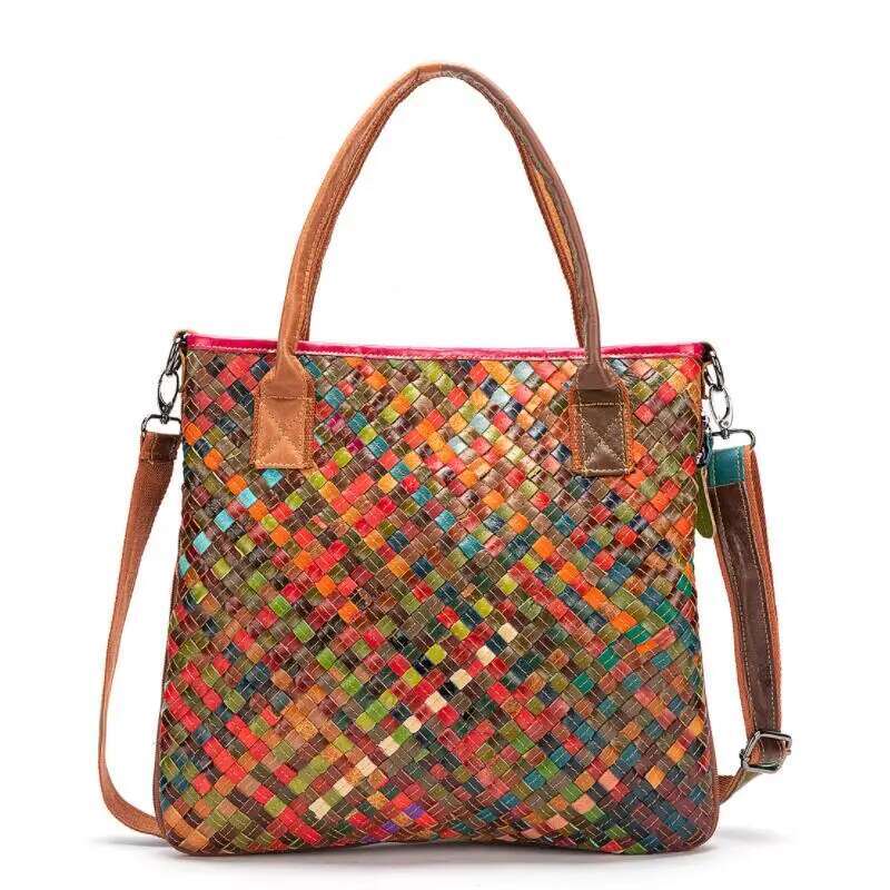 LOMANTINA Ultra Slim Genuine Leather Woven Knitting Ladies Large Purses And Handbags Women Designer Tote Travel Bags