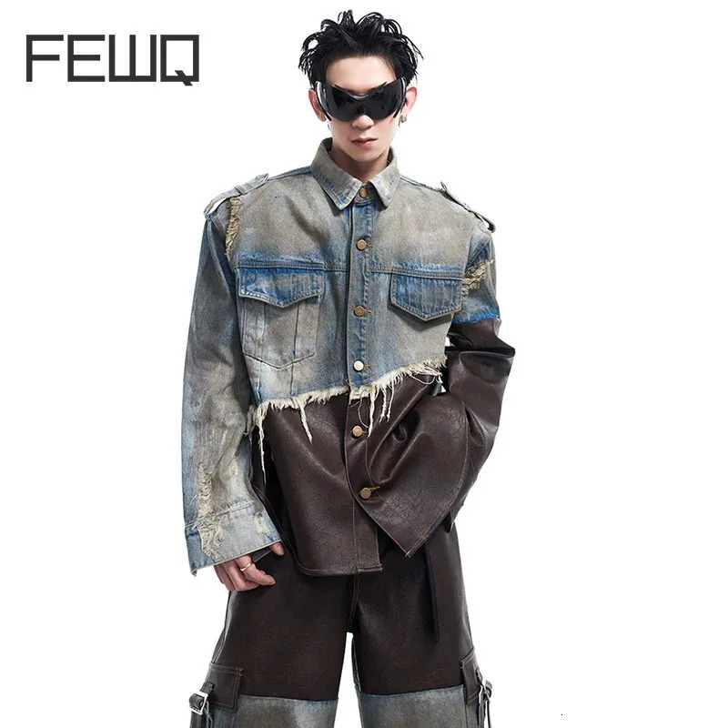 FEWQ American Patchwork Mens Denim Jacket Autumn Dirty Vintage Single Breast Contrast Color Male Sets Loose 24E2530 250220