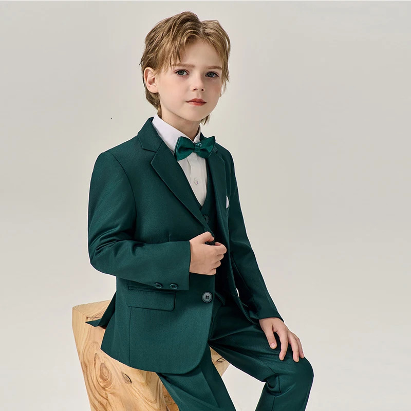 Child Green Formal Slim Fit Suit Set Boys Wedding Birthday Performance Pography Costume Kids Blazer Vest Pants Bowtie Outfit 250219