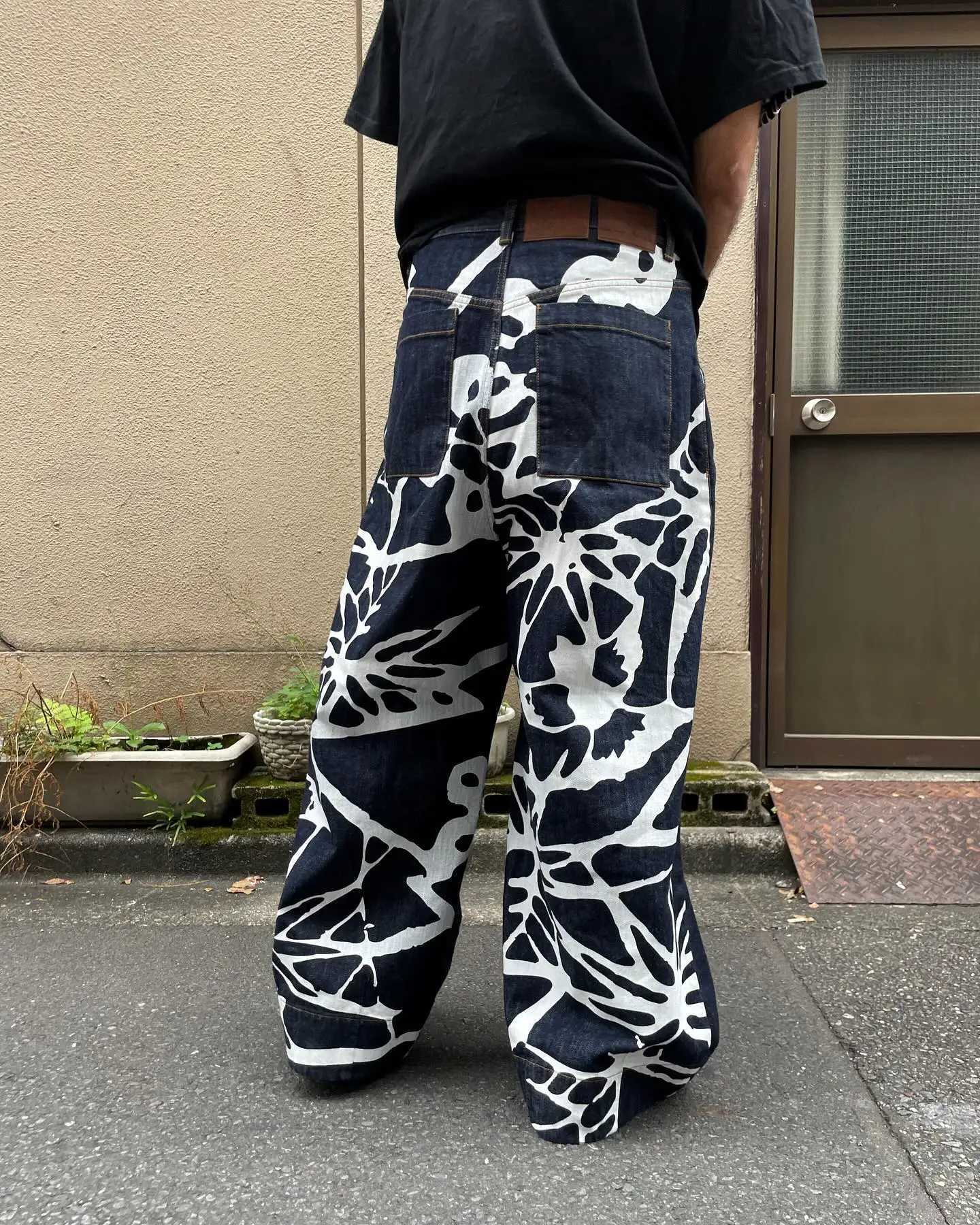 Punk Gothic style new ultra wide leg denim pants with retro hip-hop print pattern Y2k blue pocket jeans for mens floor mop jeans X250220