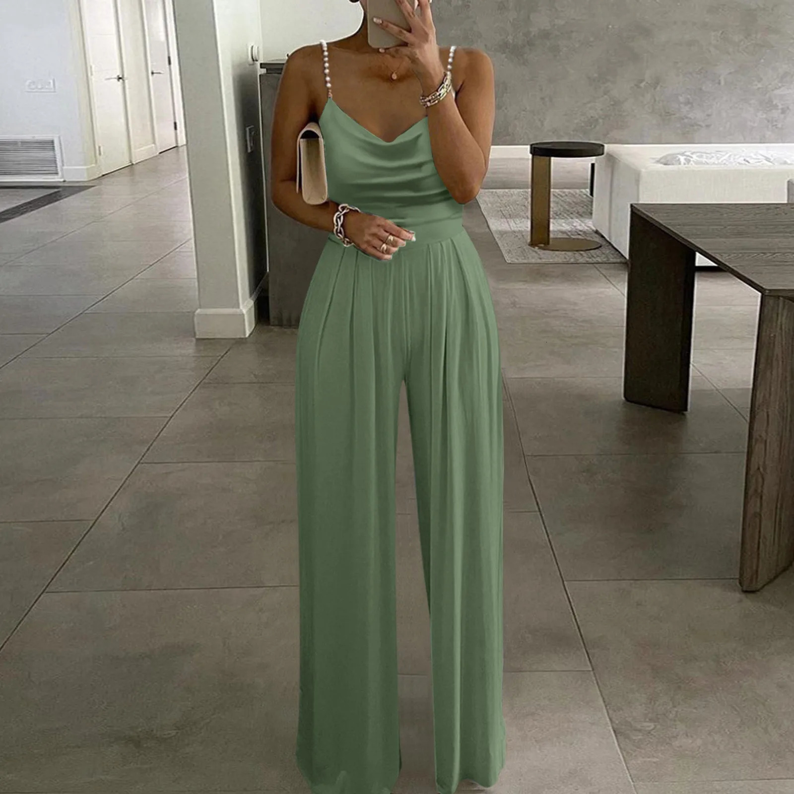 Womens Party Sexy Spaghetti Strap Jumpsuits Fashion Pile Neck Pearl Bandage Rompers Female Wide Leg Pant Overalls 250220