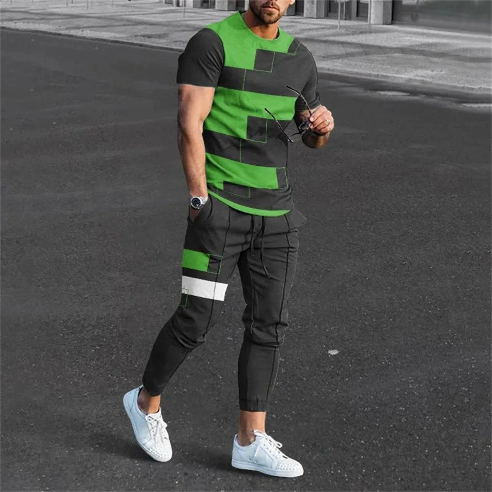 Summer Fashion Casual 3D Print Men Sportswear Set Short-Sleeved T Shirt Pants 2-Piece Set Oversized Pullover Men Clothing 250220