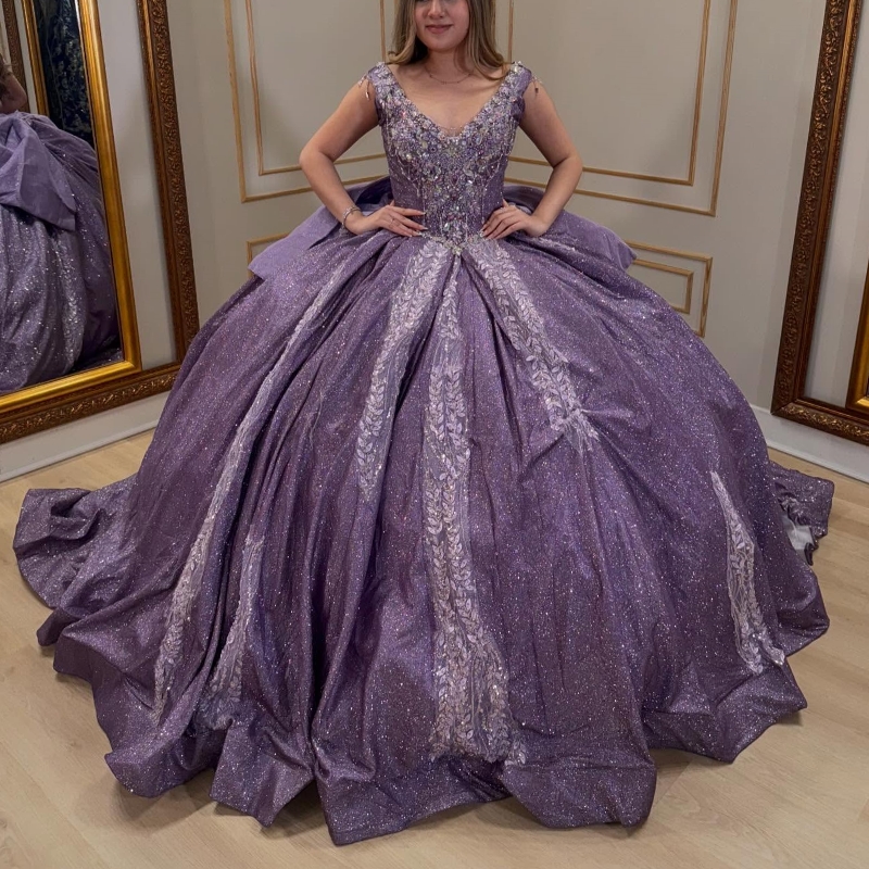 Lilac Shiny Quinceanera Dresses Ball Gown Off Shoulder Appliques Lace Beading Crystal Tull Sweet 16 Dress Vestidos 15 de anos