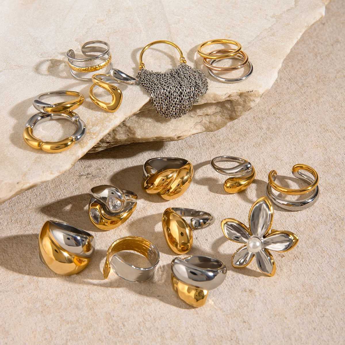 Vintage 18K Gold Plated Stainless Steel Parallel Double Line Irregar Open End Ring Anti Allergic Charm Daily Jewelry X250220