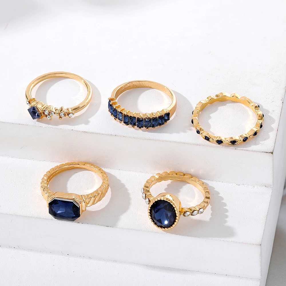 IF Bohen Blue Crystal Rings Set For Wen Gold Plated Vintage Geetric Luxury Anillos Lady Jewelry Gifts X250220