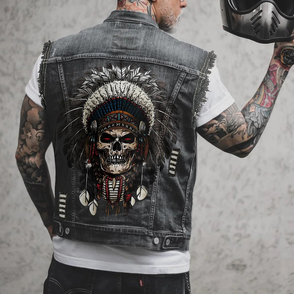 Mens Spring And Summer Four Seasons -selling Street Riding Motorcycle Peng Skull Print Sleeveless Vest Denim Jacket 250219