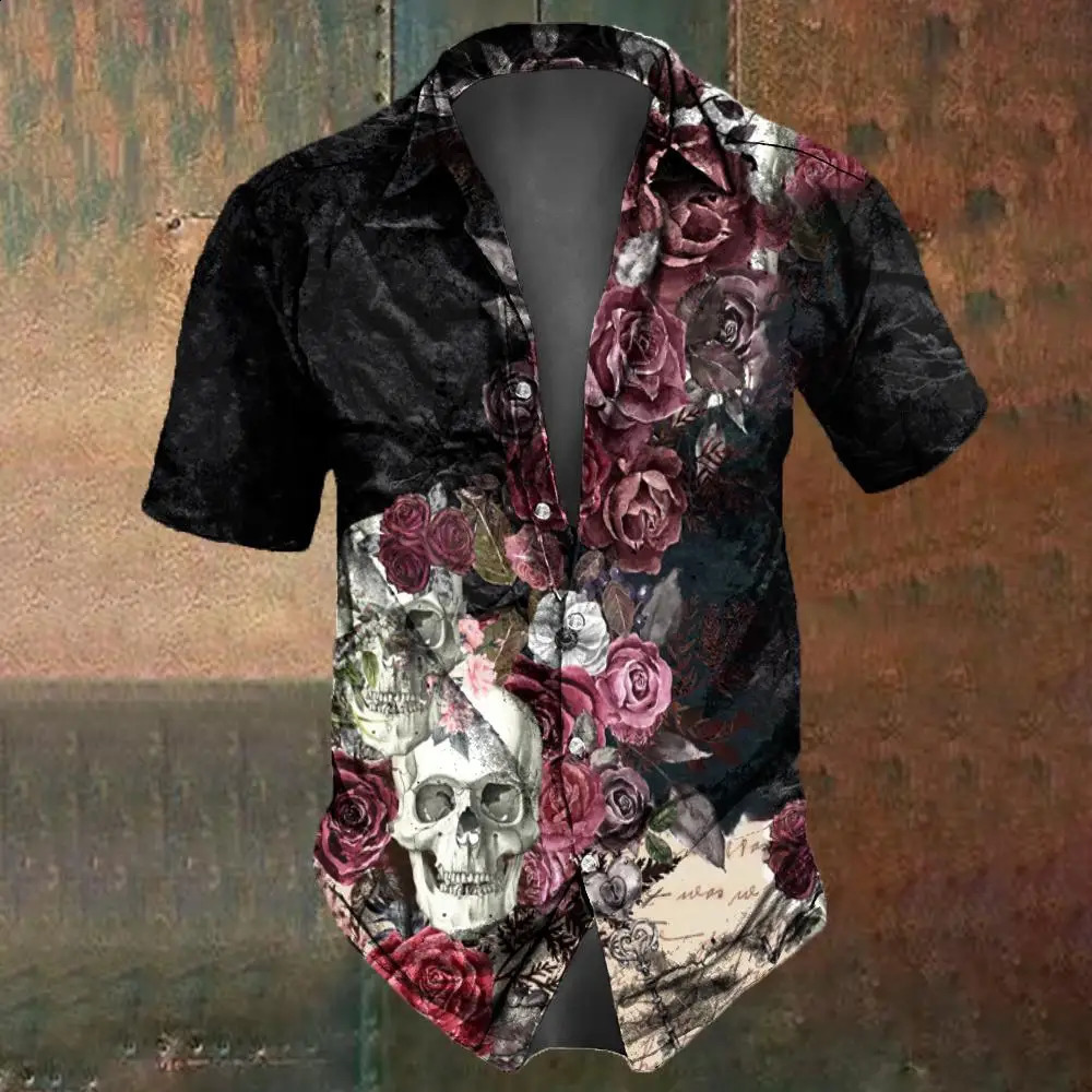 Retro Flower Skull Print Mens Shirt Summer Fashion Street Hip Hop Trendy Tops Shirts Oversized TShirts 250220