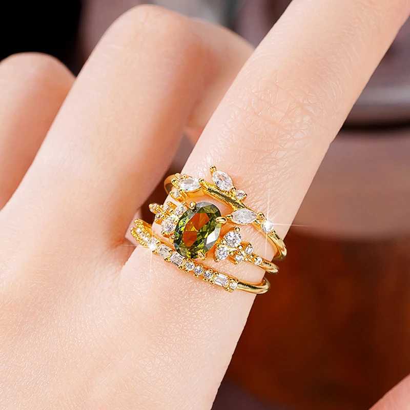 Huitan Gorgeous 3Pcs Set Wen Rings Olive Green Cubic Zirconia Luxury Gold Color Wedding Rings Anniversary Party Trendy Jewelry X250220