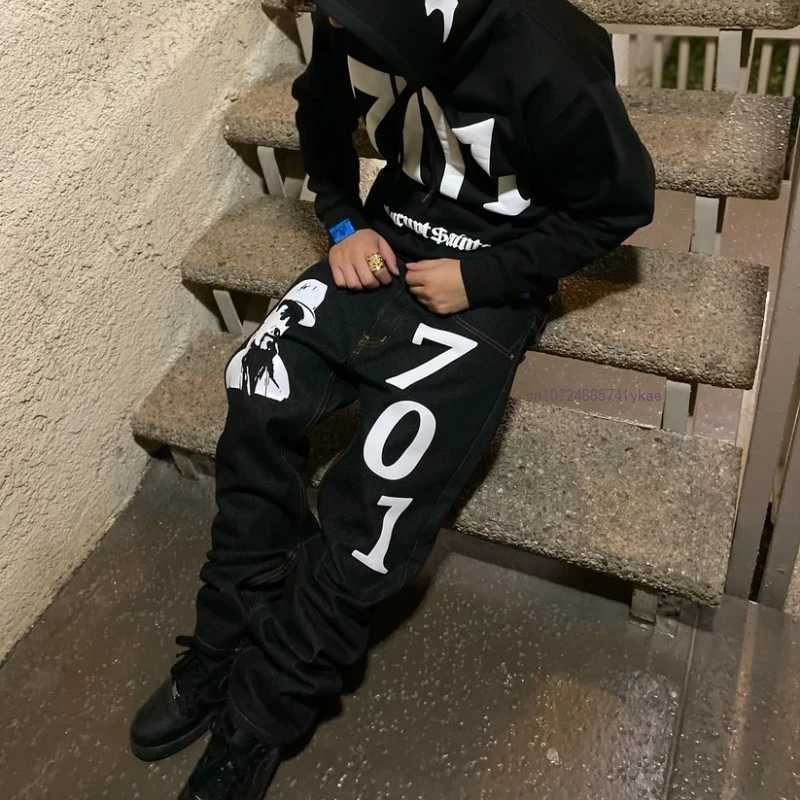 Black Straight Jeans Men Women Ins New Net Red Design Personality Printing Wide Leg Pants Winter Loose High Street Casual Jeans X2502201