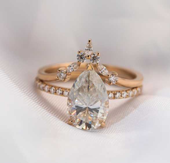 AAA Gems 14k Yellow Gold Pear Shape Engagement Ring Crushed Ice Cut Moissanite Ring Set