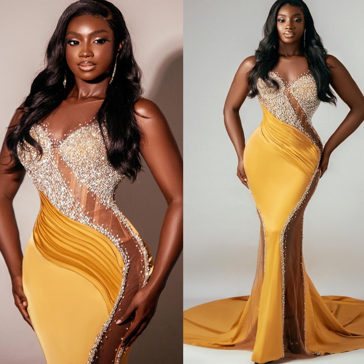 Yellow Illusion Mermaid Prom Dresses 2025 Satin Beaded Sheer Neck Evening Formal Party Second Birthday Engagement Gowns Plus Size Dress For Special Oc