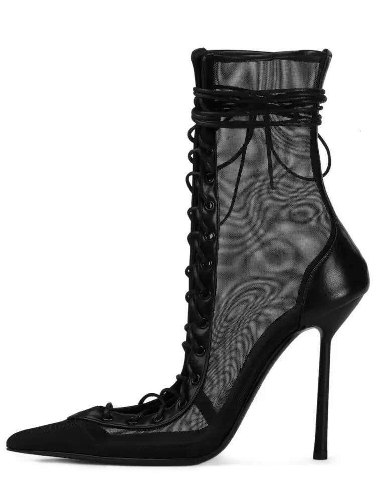 2025 Spring/Summer New Lace Short Mesh Cool Side Zipper Banquet Slimming High Heels Sexy Knee Length Women's Boots