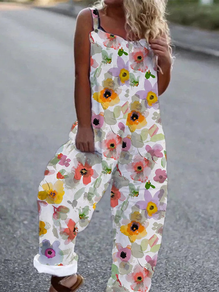 Elegant Vintage Retro Floral Print Women Jumpsuits Summer Spaghetti Strap Casual Streetwear Office Rompers Overalls Female 250220