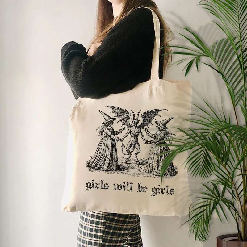Will Be Girls Witch Canvas Tote Organizer New Large Capacity Travel Storage Shoulder Bag Handbag Halloween Spooky Gift swissmilitary