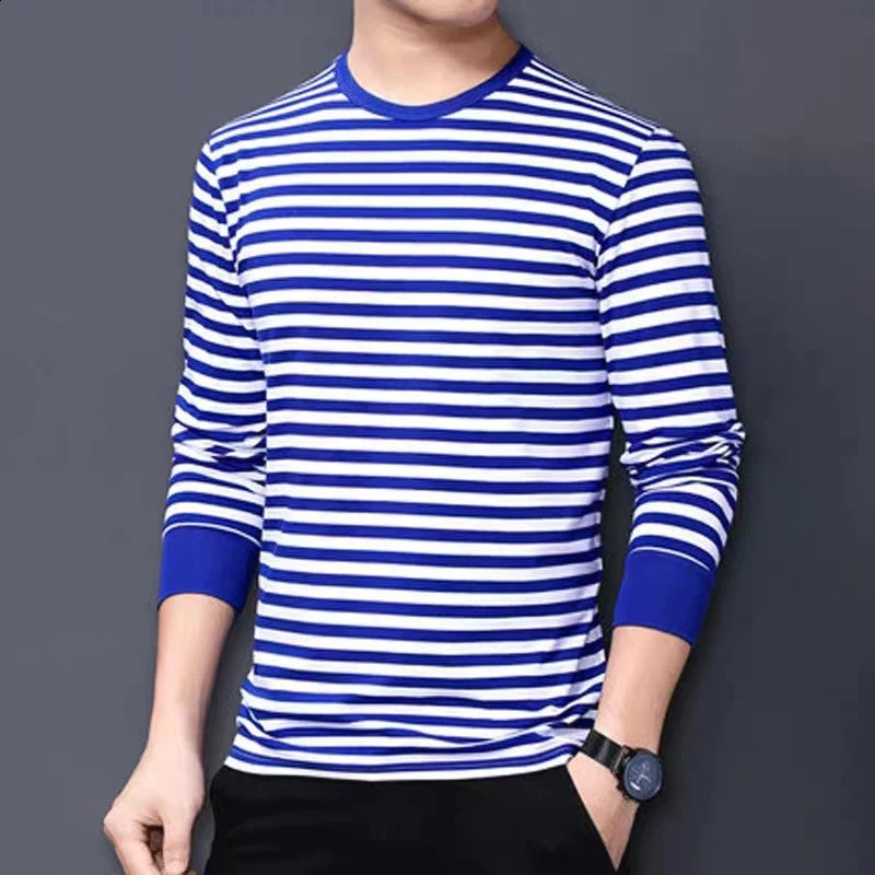 Mens Striped Long Sleeve Tshirt Retro Round Neck Rib Cuff Sailor Top Casual Pullover Navy Style Clothing 250218