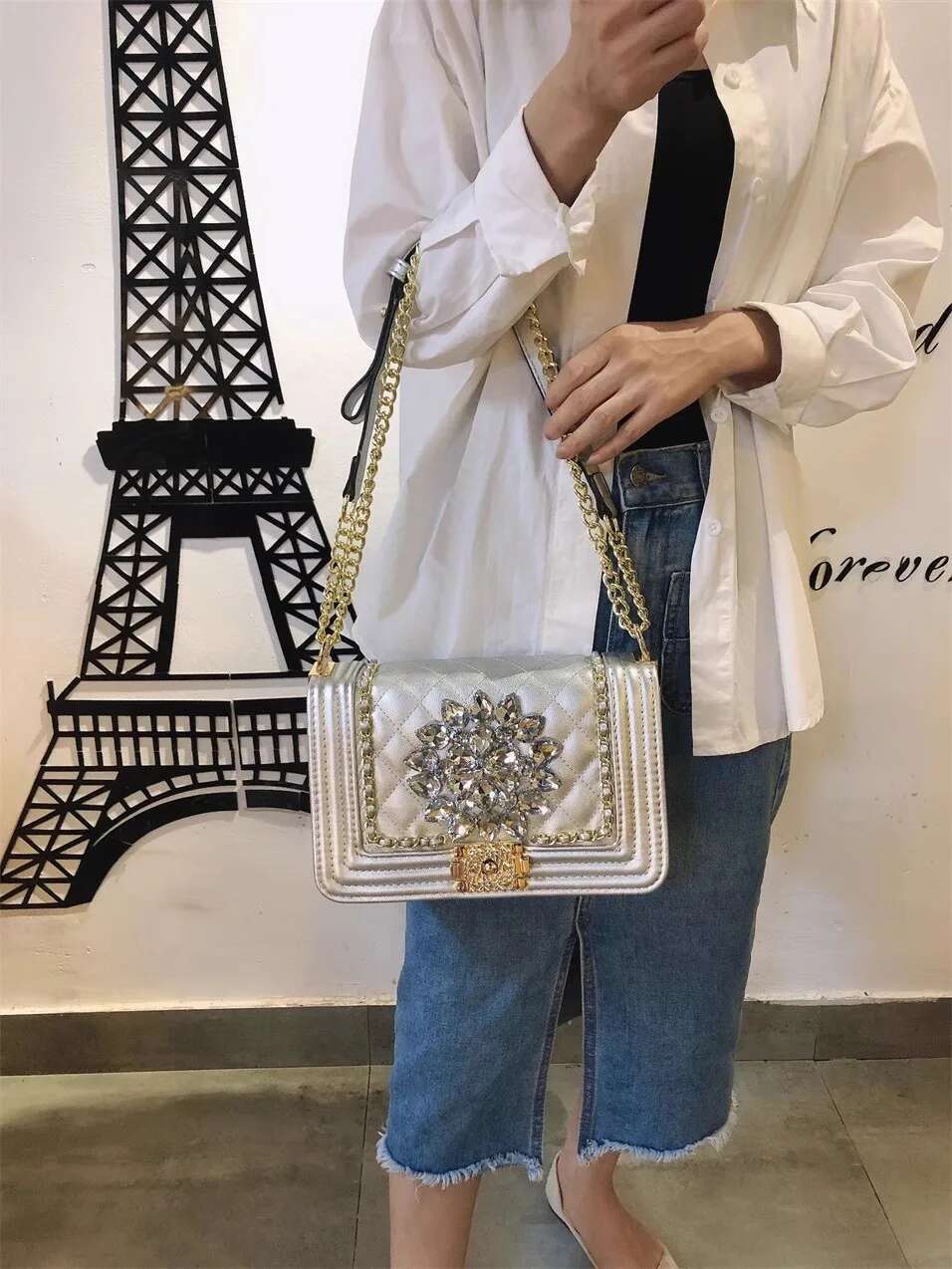 High Quality Textured Leather Fashion Plaid Square Crystal Shiny Rhies Women Handbag Shoulder Messenger Bag Lady Purse