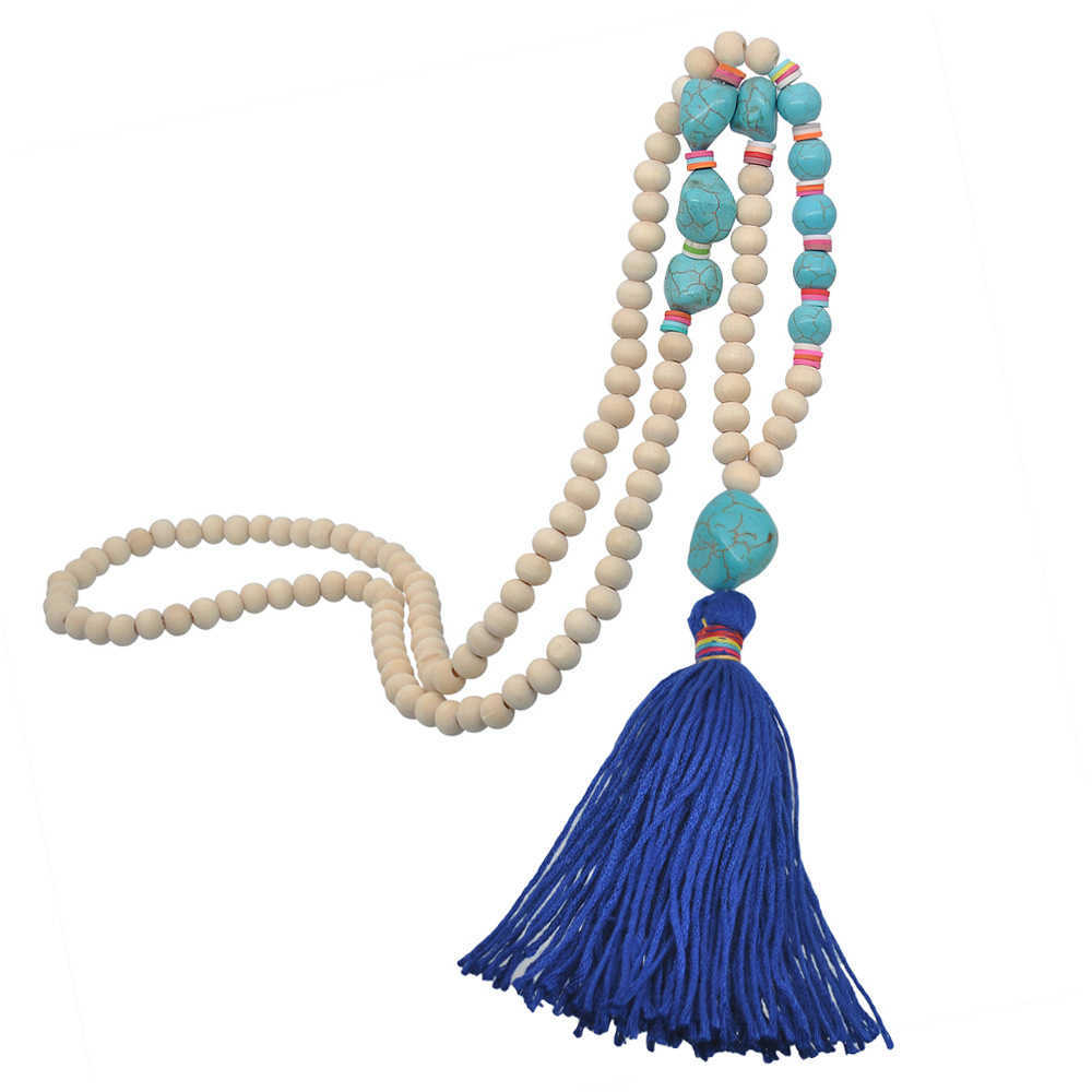 Pendant Necklaces Wooden Beaded Tassel Necklace womens Handmade Bohemian Peace Symbol Pendant sweater chain H25219