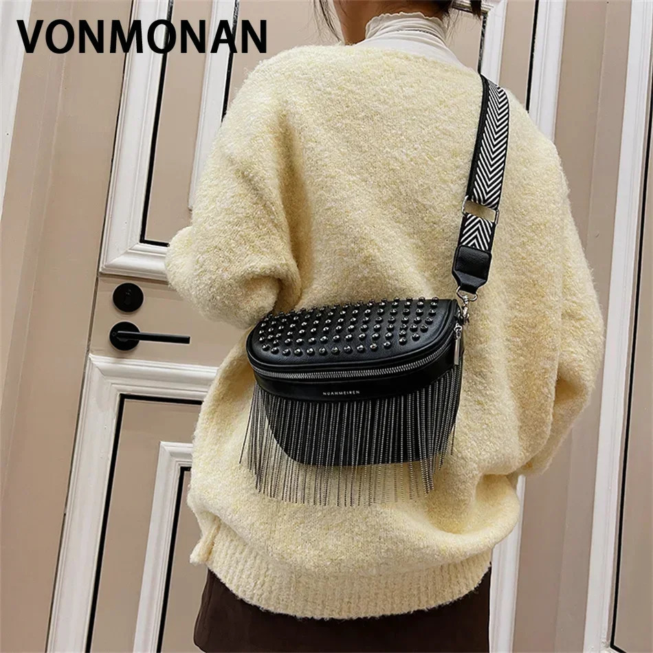 Luxury Woman Chest Bag Fashion Tassel Leather Large Capacity Crossbody Sling Women Waist Casual Rivet Design Travel Sac 250219