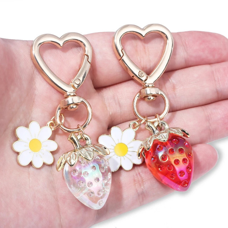 Cute strawberry keychains bag charms heart flower daisy key chains accessories decor for girls purse gift womens gifts accessory 250214