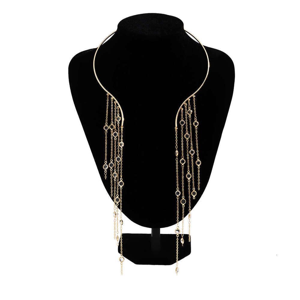Exaggerated long tassel opening punk collar with imitation pearl choker neck chain necklace for women