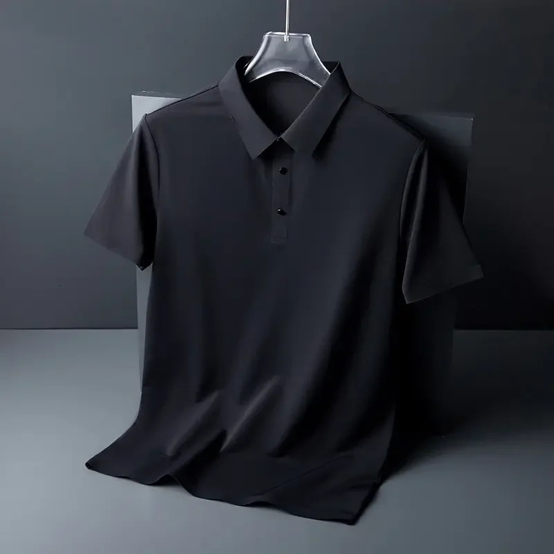 Summer Ice Silk Polo Shirt HighEnd TShirt Solid Color Half Sleeve NonMarking Casual Lapels Business Thin Menswear 250220