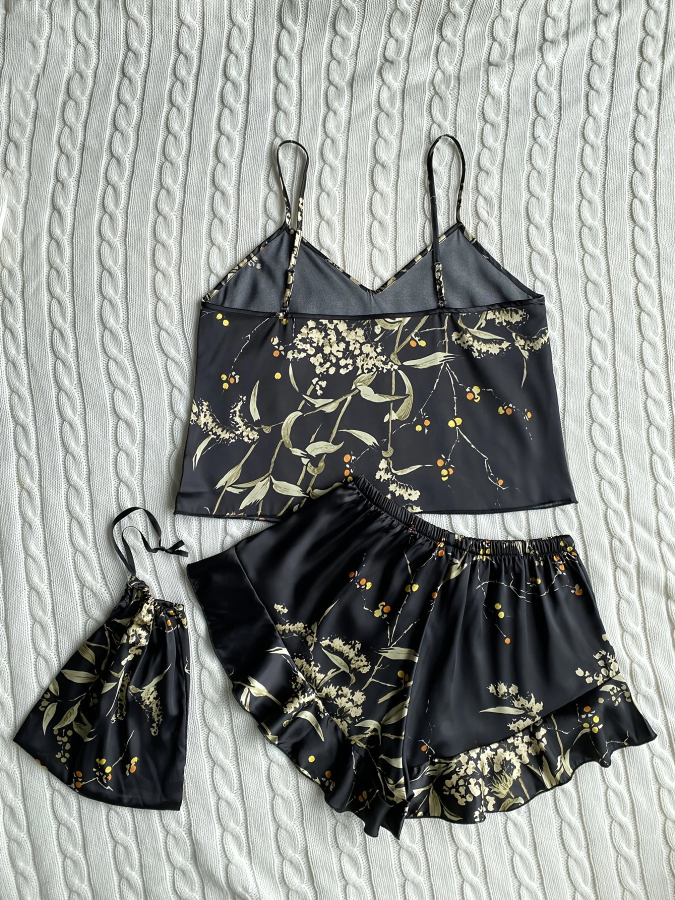 Elegant Floral Print Cami Tops Ruffle Hem Shorts Pajama Set Womens Sleepwear Loungewear 250219
