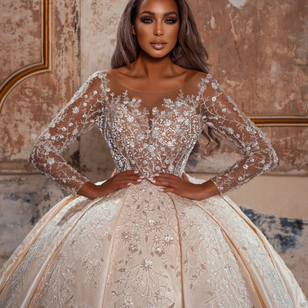 Gorgeous Ball Gown Wedding Dress For Women Sheer Neck Long Sleeves Bridal Gowns Appliques Sequins Sweep Train Dresses Custom Made vestidos de novia