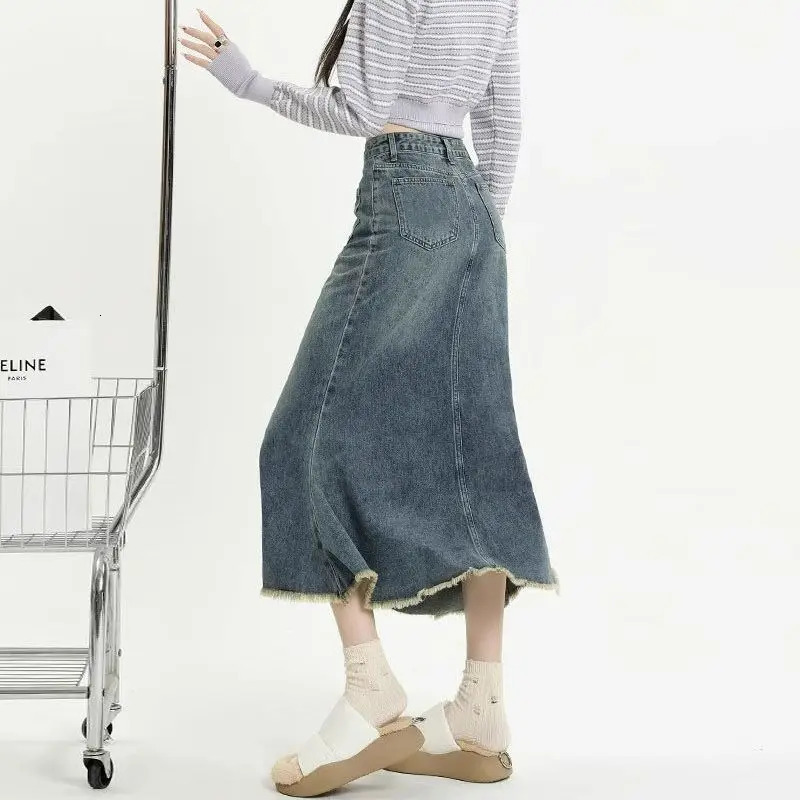 Womens high waisted retro denim leather niche n fishtail skirt medium long Aline 250220