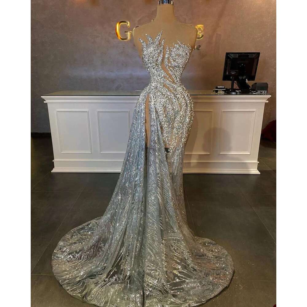 Glamorous Evening Dresses, Mermaid, Irregular Design, Lace Sequins, Side Split, Court Gown, Prom Dress, Customized