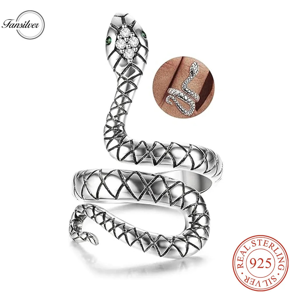 Fansilver S925 Sterling Silver Snake Ring Stylish Ring for Women Vintage Punk Rings Adjustable Open CZ Snake Finger Ring Jewelry 250220