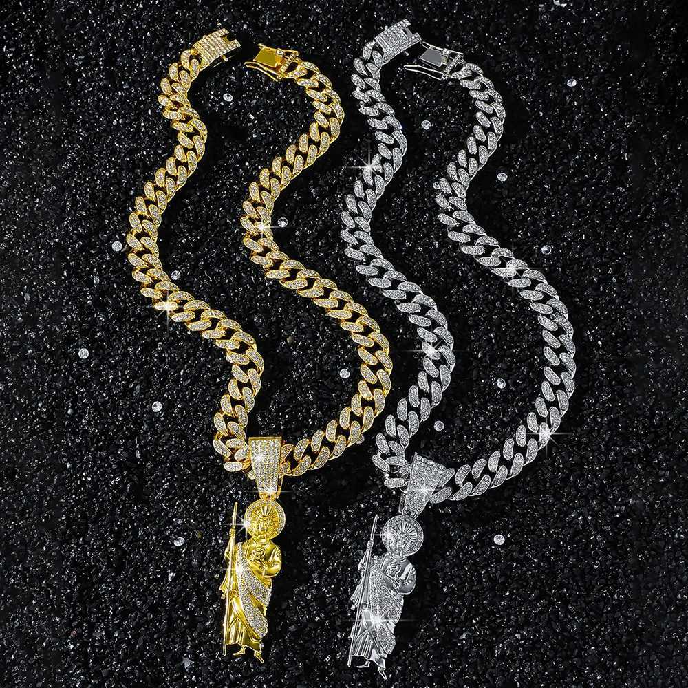 Hip Hop Men Bling d Out Crystal Miami Cuban Link Necklace For Women San Judas 13mm Cuban Chain Religious Jewelry Pendant GiftXJ250219