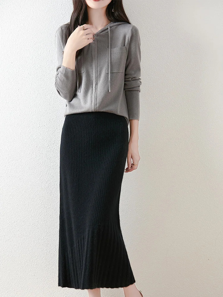 Women 100 Merino Wool Skirt Fishtail Long Autumn Winter Office Lady Soft Cashmere Slim Mermaid Dress 250220