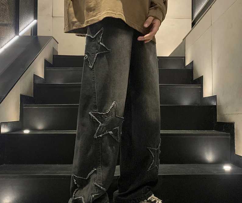 New fashion five point star jeans mens high waisted retro street clothing mens pants pockets winter wide leg jeans denim mens clothing X250220