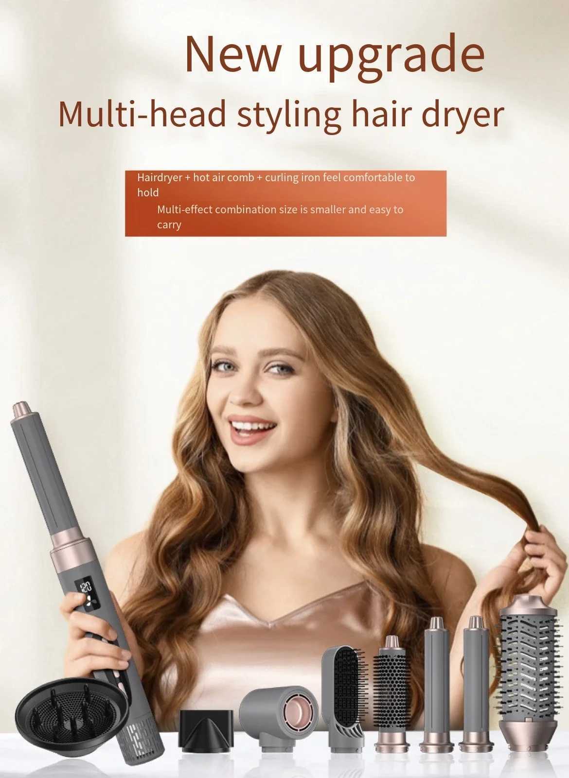 Professional new 8-in-1 high-speed hair dryer brushless automatic curling iron hot air comb LCD display temperature negative ions W250220