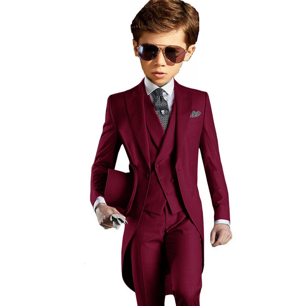 Light Grey Boys Suits Long Tuxedo Jacket Pant Vest Tailcoat 3-Piece Suit Wedding Dress Kids Formal Business Blazer 250219
