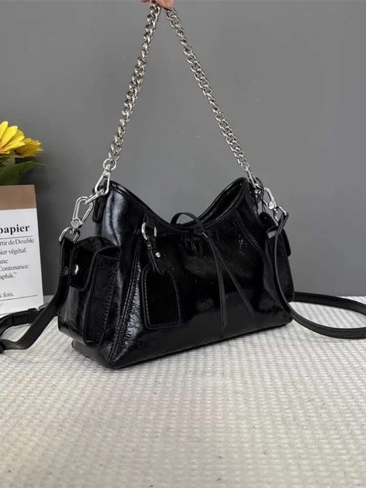 Women Motorcycle Personality Vintage Cowskin Genuine Leather Single Shoulder Crossbody Bags Ladies Casual Chain Armpit Bag