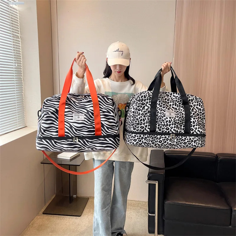 Travel Bag Womens Handbag Leopard Zebra Print Waterproof Large Size Luggage Fitness Dry Wet Separation Duffle Bag Weekend Bag 250214