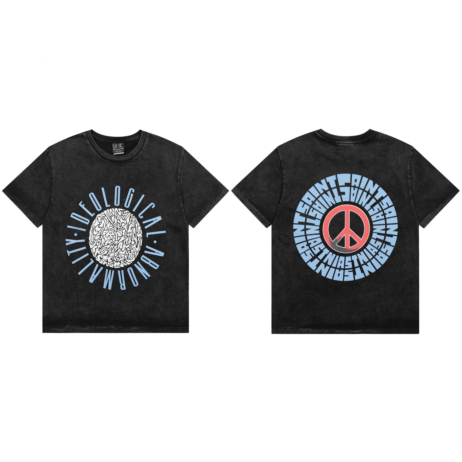 Trendy Saint Letter Pattern Printed Washed Worn Short Sleeved T-Shirt For Men And Women, American High Street Half Sleeve