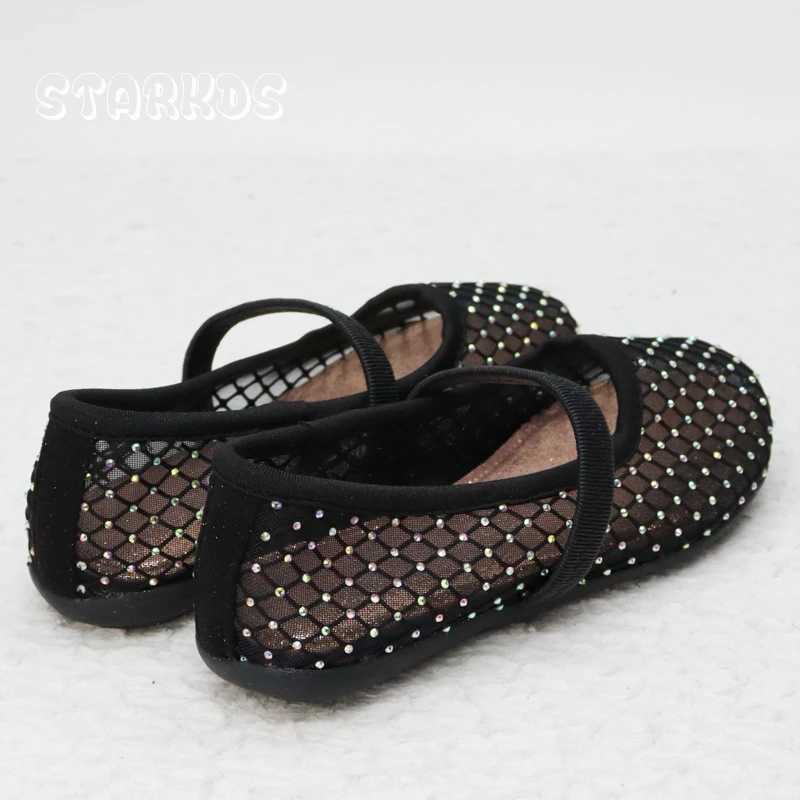 Luxury Lace Mesh Ballet Flat Kid Girls Elegant Brand Design Rhinestones Covered Fishnet Ballerina Shoes Children Dress Shoes X2502201