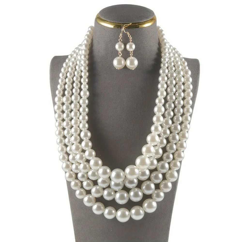 Vintage Baroque Style Round Imitation Pearl Necklace Dangle Earrings Jewelry Set Multi Strands Necklace Party Favors For WomenXJ250219