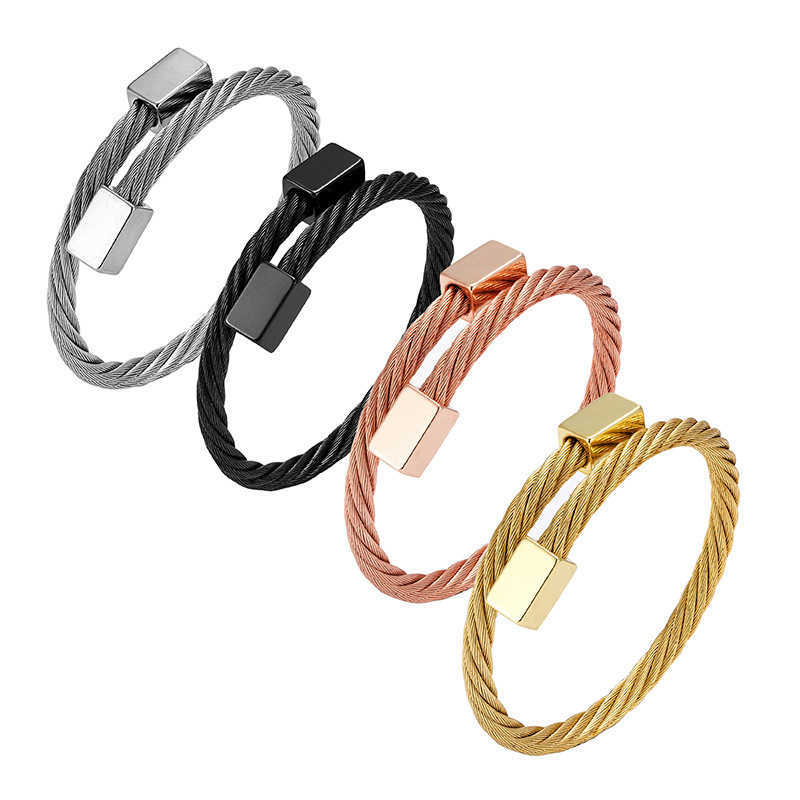 Charm Bracelets Style Stainless Steel Mens Steel Wire Square Head Punk Style Braided Bracelet H25220