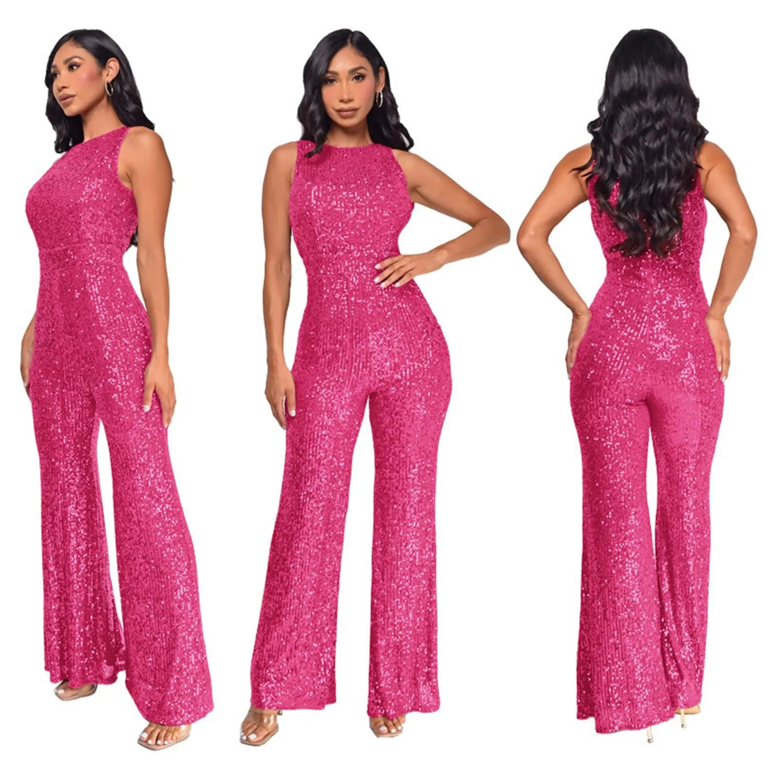 Women's Sequined Jumpsuit - Sleeveless High Waist Romper with Straight Leg Pants | Elegant Party & Nightclub Outfit